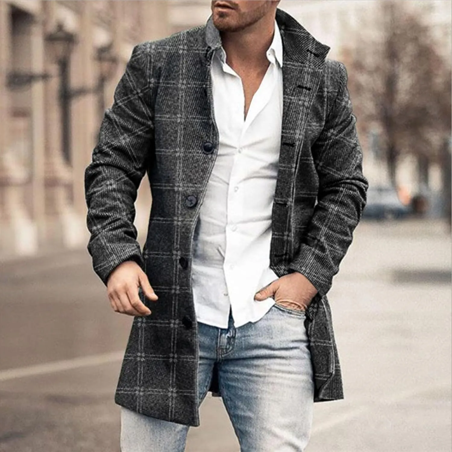 Wool Blend Trench Coat Men Notched Collar Plaid Single Breasted Pea Coats Slim Fit Warm Winter Jackets Big and Tall