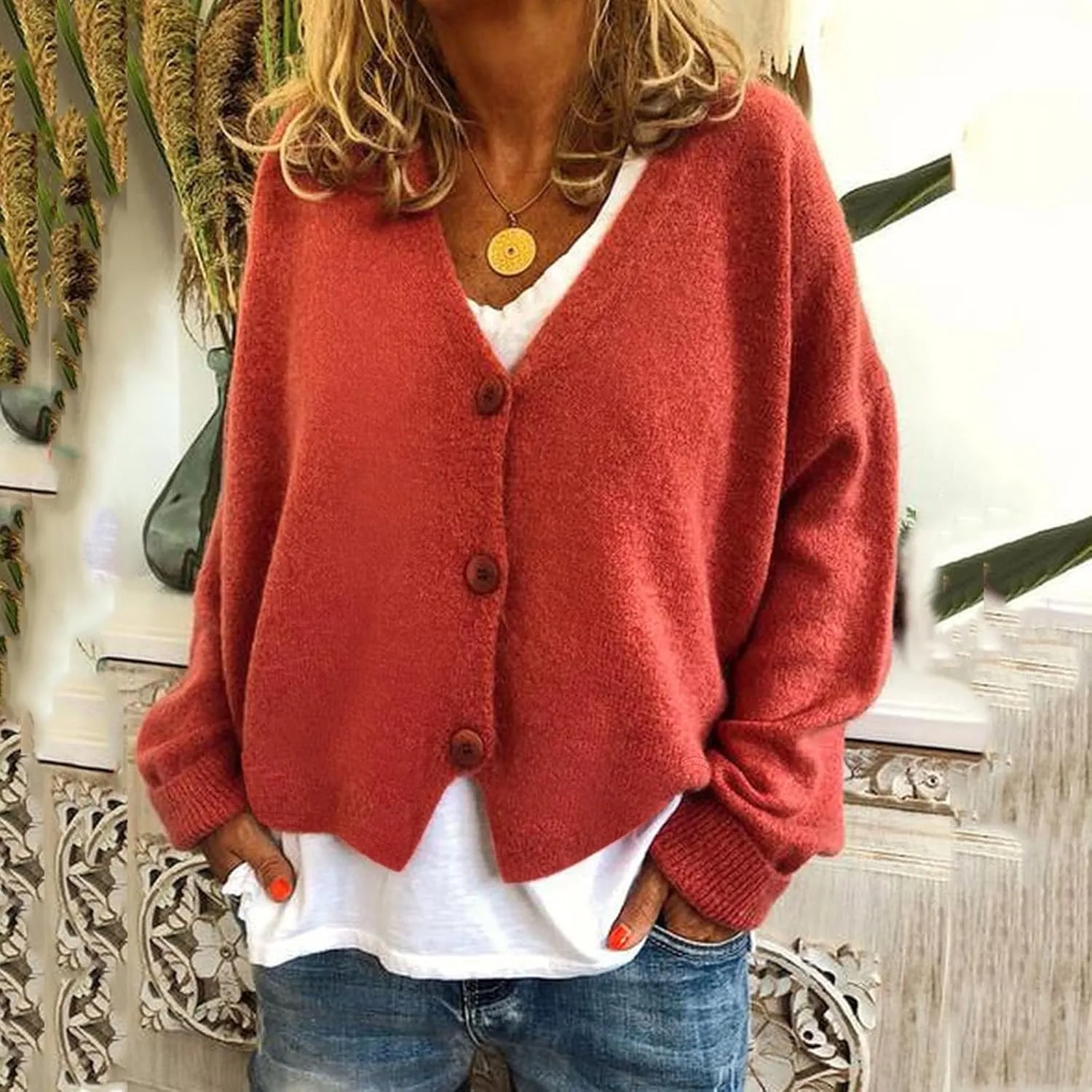 XUNRYAN Womens Casual Cardigan V-Neck Button Down Sweaters Wool-Blend Long Sleeve Pullover Jacket Winter Fall Fashion Clothes