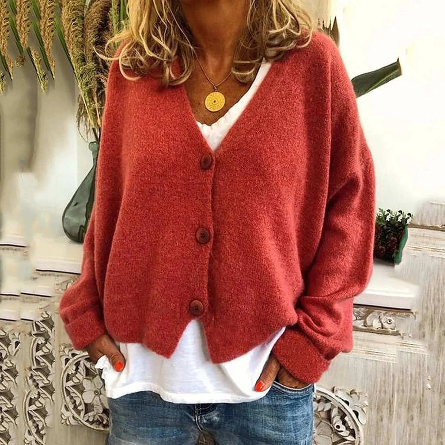 XUNRYAN Womens Casual Cardigan V-Neck Button Down Sweaters Wool-Blend Long Sleeve Pullover Jacket Winter Fall Fashion Clothes