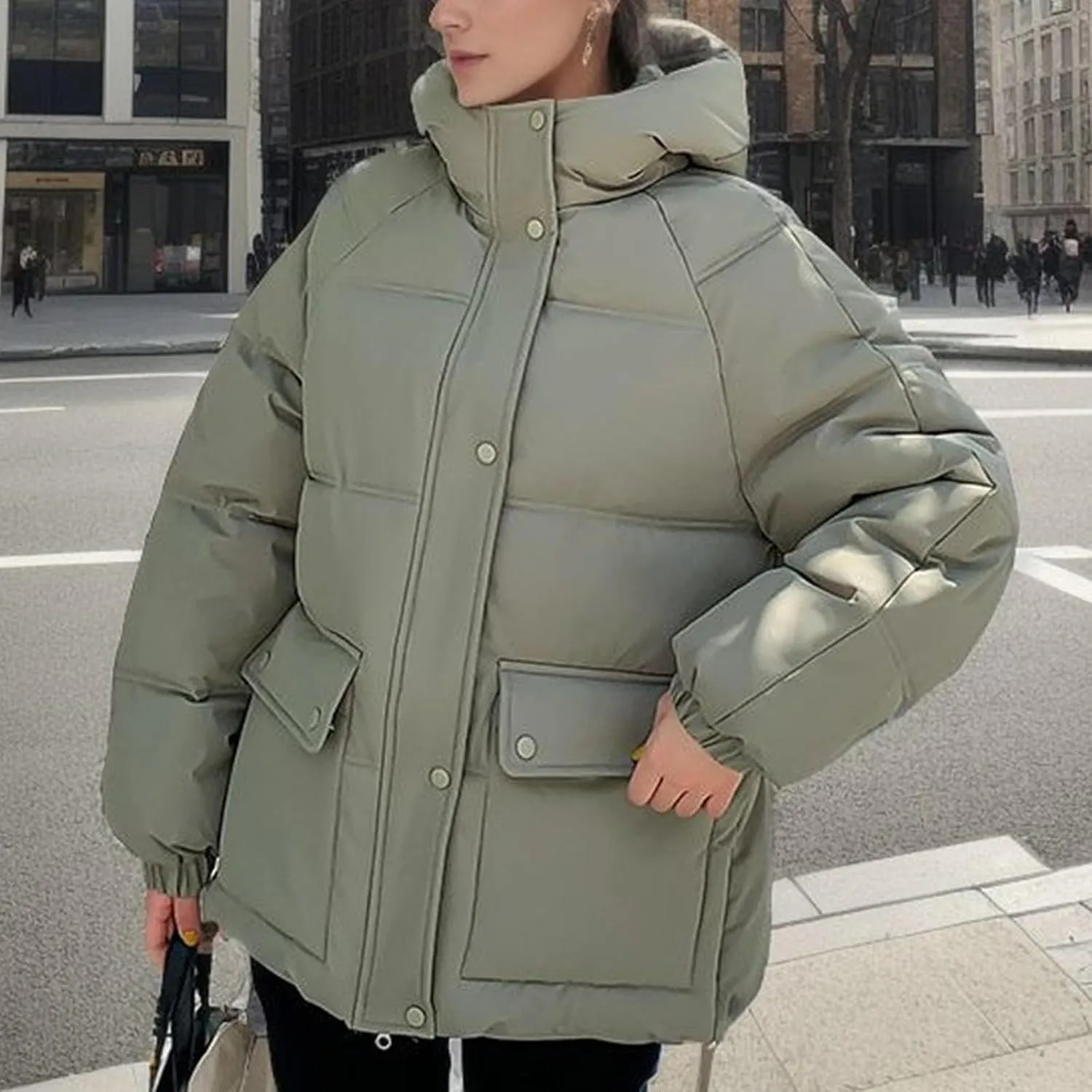 XUNRYAN Womens Hooded Winter Warm Down Coat Puffer Jackets Baggy Lightweight Jackets Casual Button Overcoat Activewear