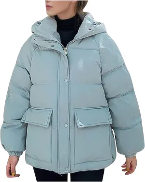 XUNRYAN Womens Hooded Winter Warm Down Coat Puffer Jackets Baggy Lightweight Jackets Casual Button Overcoat Activewear