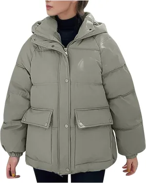 XUNRYAN Womens Hooded Winter Warm Down Coat Puffer Jackets Baggy Lightweight Jackets Casual Button Overcoat Activewear