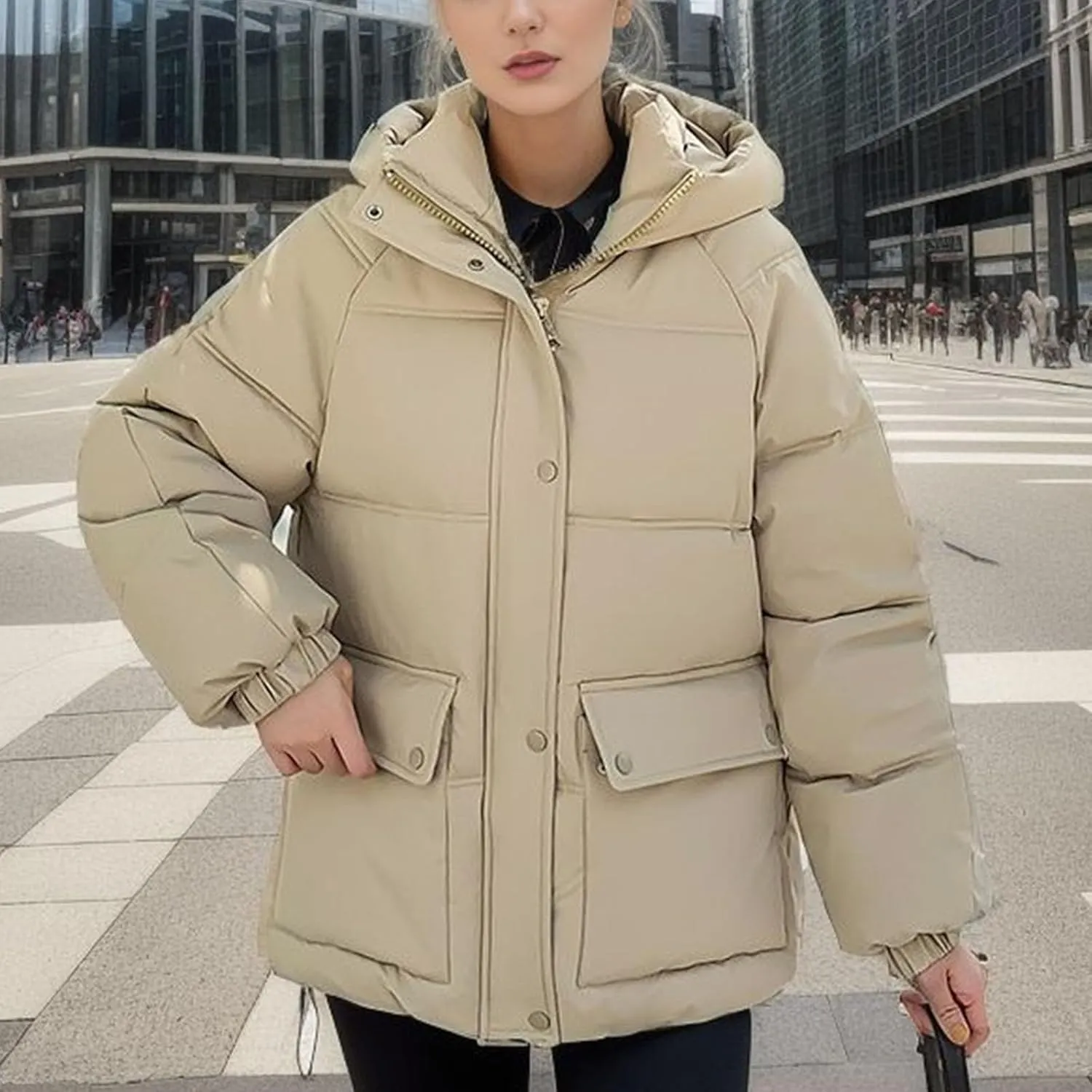 XUNRYAN Womens Winter Warm Down Coat Hooded Puffer Jackets Baggy Lightweight Jackets Casual Button Overcoat Activewear