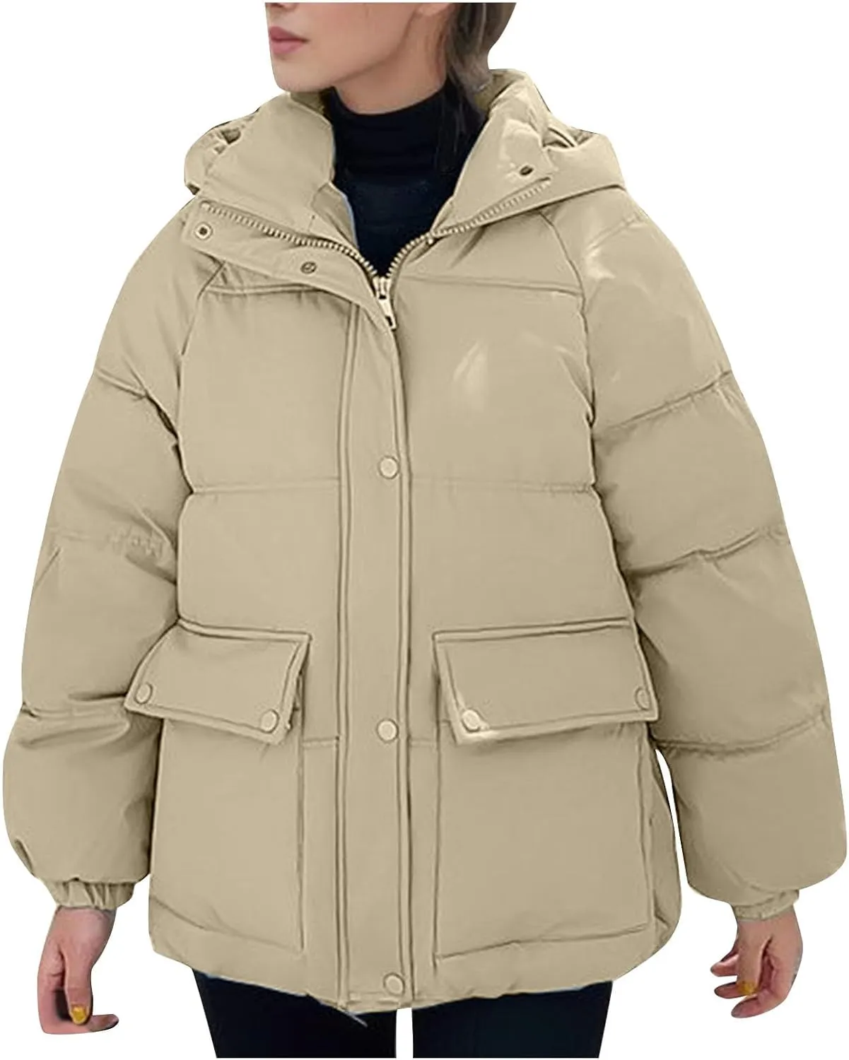 XUNRYAN Womens Winter Warm Down Coat Hooded Puffer Jackets Baggy Lightweight Jackets Casual Button Overcoat Activewear