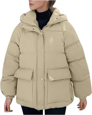 XUNRYAN Womens Winter Warm Down Coat Hooded Puffer Jackets Baggy Lightweight Jackets Casual Button Overcoat Activewear