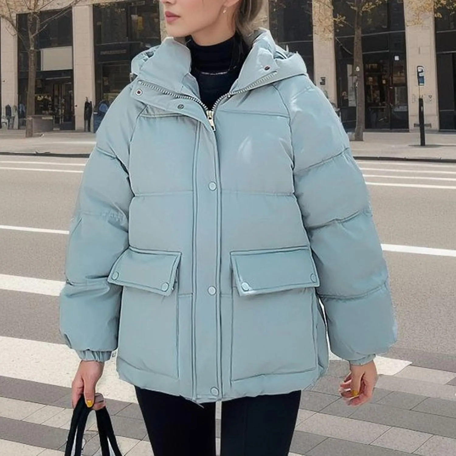 XUNRYAN Womens Winter Warm Down Coat Hooded Puffer Jackets Baggy Lightweight Jackets Casual Button Overcoat Activewear