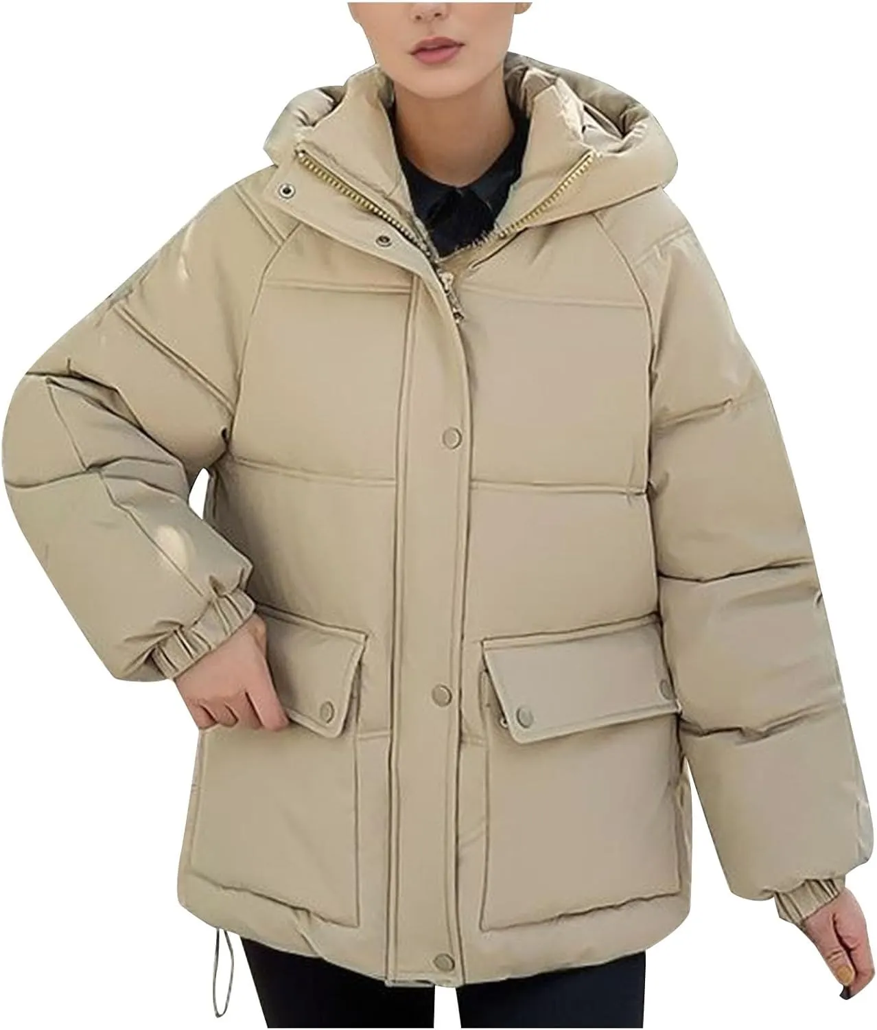 XUNRYAN Womens Winter Warm Down Coat Hooded Puffer Jackets Baggy Lightweight Jackets Casual Button Overcoat Activewear
