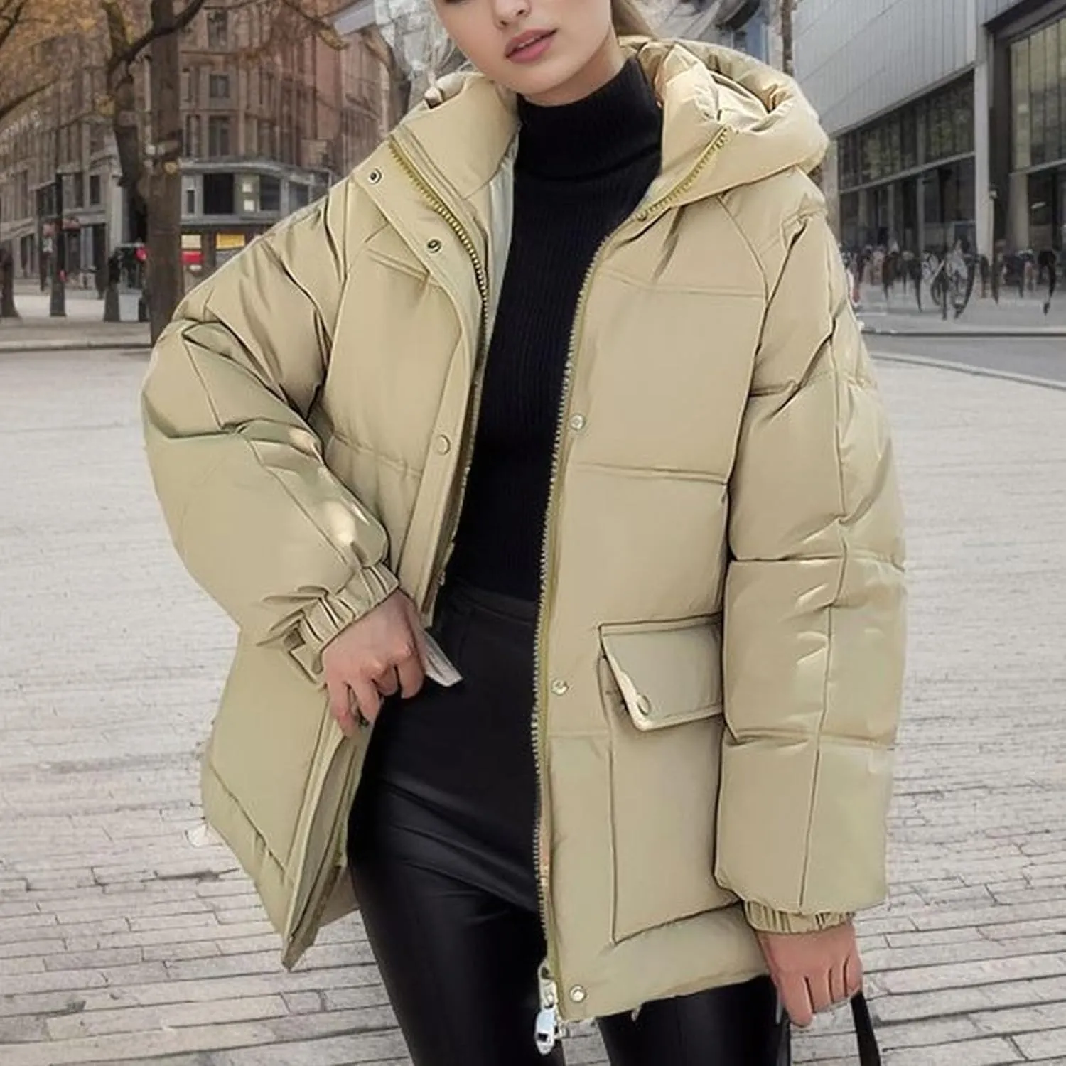 XUNRYAN Womens Winter Warm Down Coat Hooded Puffer Jackets Baggy Lightweight Jackets Casual Button Overcoat Activewear