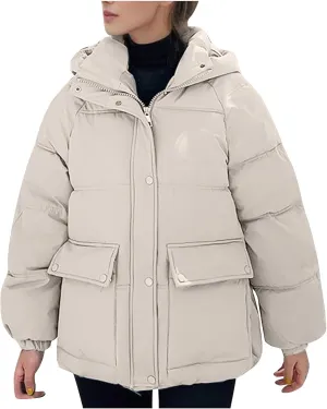 XUNRYAN Womens Winter Warm Down Coat Hooded Puffer Jackets Baggy Quilted Lightweight Cropped Jackets Overcoat Activewear
