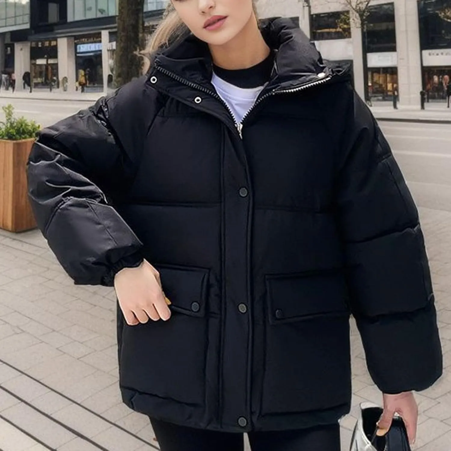 XUNRYAN Womens Winter Warm Down Coat Hooded Puffer Jackets Baggy Quilted Lightweight Cropped Jackets Overcoat Activewear