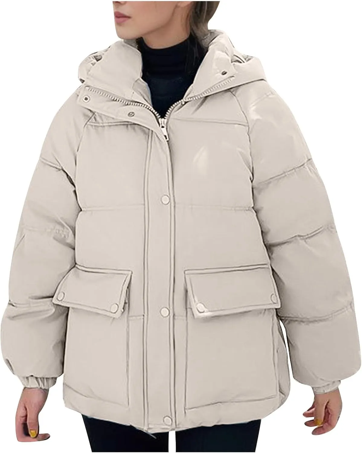 XUNRYAN Womens Winter Warm Down Coat Hooded Puffer Jackets Baggy Quilted Lightweight Cropped Jackets Overcoat Activewear