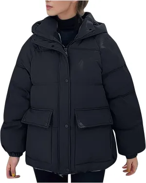 XUNRYAN Womens Winter Warm Down Coat Hooded Puffer Jackets Baggy Quilted Lightweight Cropped Jackets Overcoat Activewear