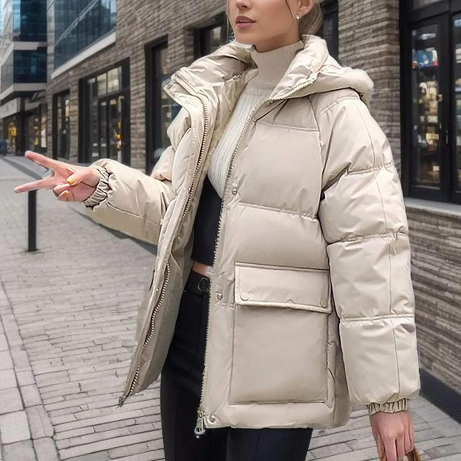 XUNRYAN Womens Winter Warm Down Coat Hooded Puffer Jackets Baggy Quilted Lightweight Cropped Jackets Overcoat Activewear