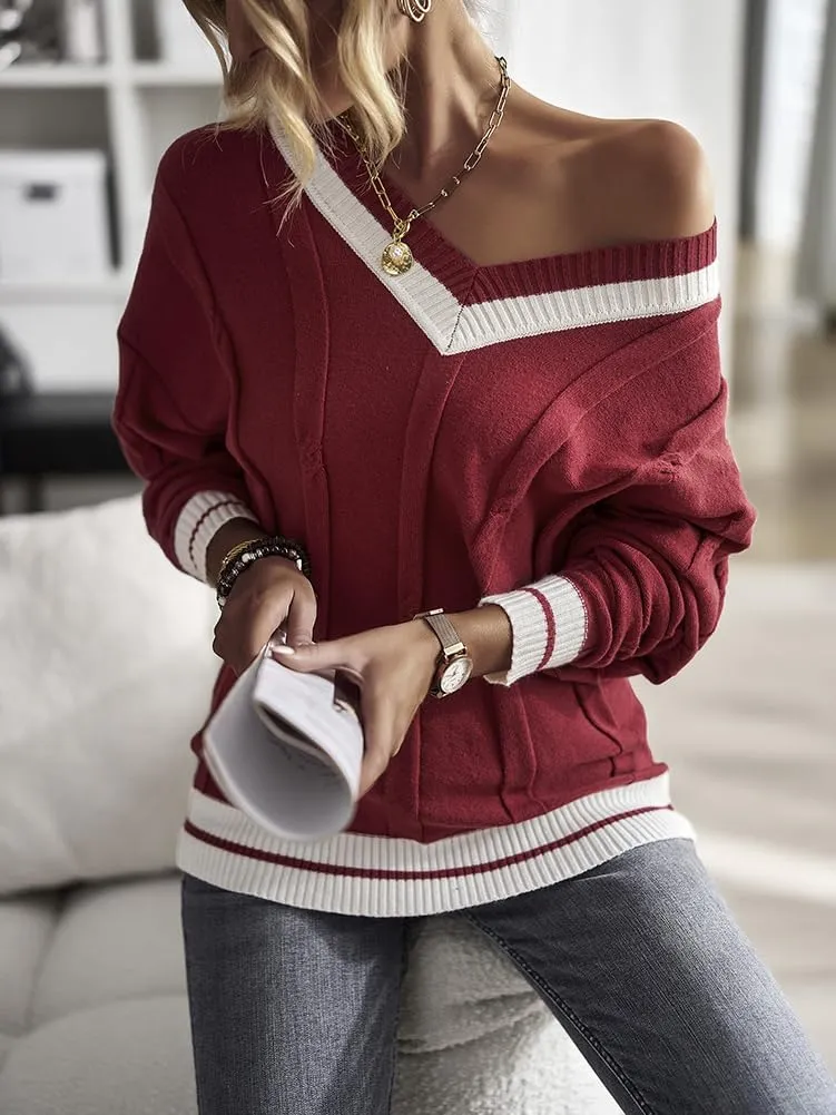 XYGJZ Women's Cable Knit V Neck Sweater Color Block Knit Pullover Striped Preppy Sweater