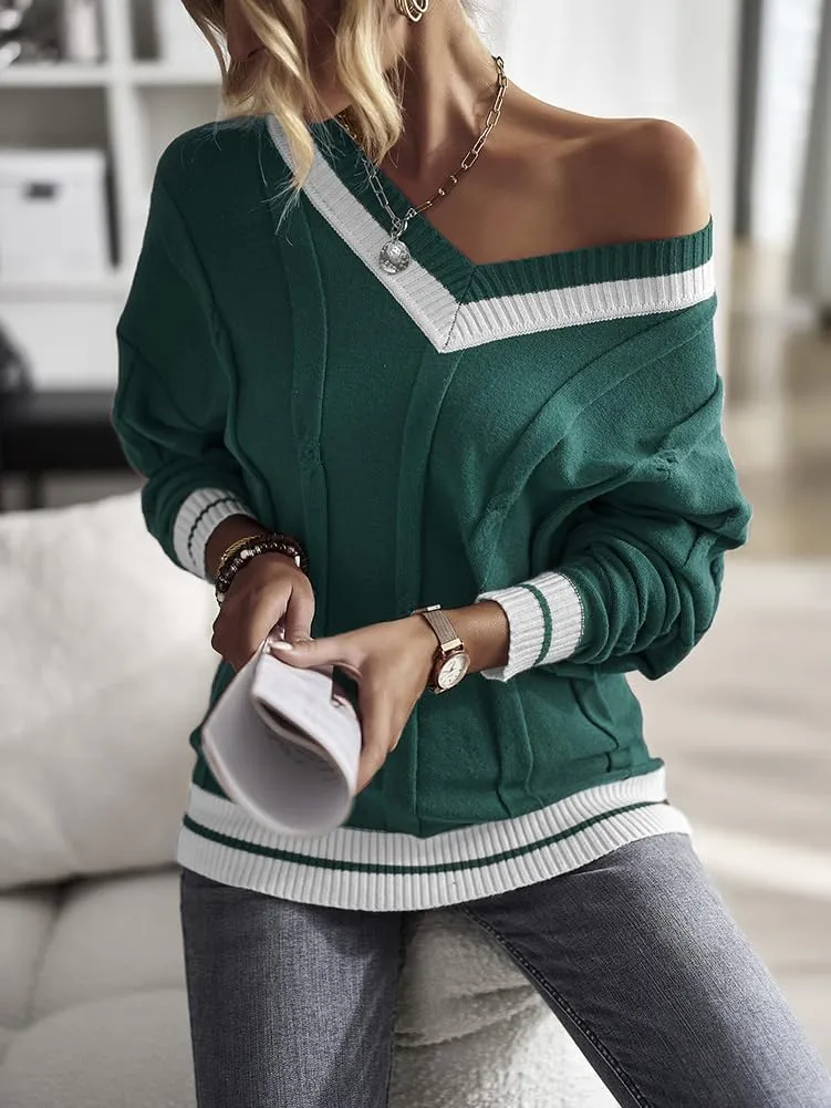 XYGJZ Women's Cable Knit V Neck Sweater Color Block Knit Pullover Striped Preppy Sweater