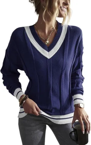 XYGJZ Women's Cable Knit V Neck Sweater Color Block Knit Pullover Striped Preppy Sweater