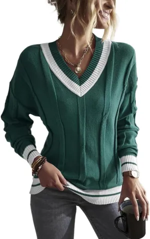 XYGJZ Women's Cable Knit V Neck Sweater Color Block Knit Pullover Striped Preppy Sweater