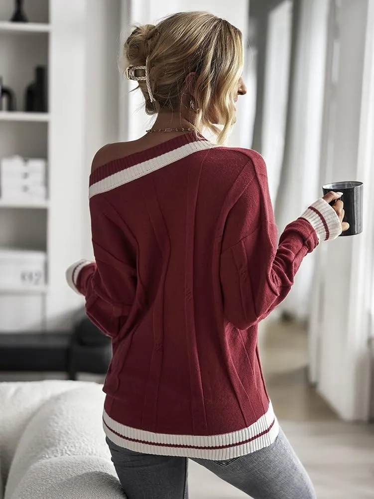 XYGJZ Women's Cable Knit V Neck Sweater Color Block Knit Pullover Striped Preppy Sweater