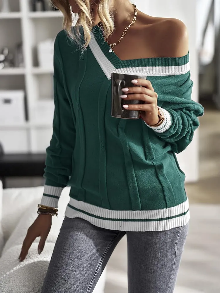 XYGJZ Women's Cable Knit V Neck Sweater Color Block Knit Pullover Striped Preppy Sweater