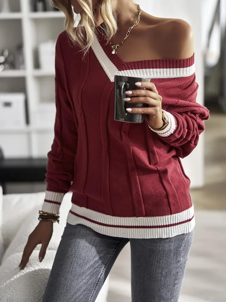 XYGJZ Women's Cable Knit V Neck Sweater Color Block Knit Pullover Striped Preppy Sweater