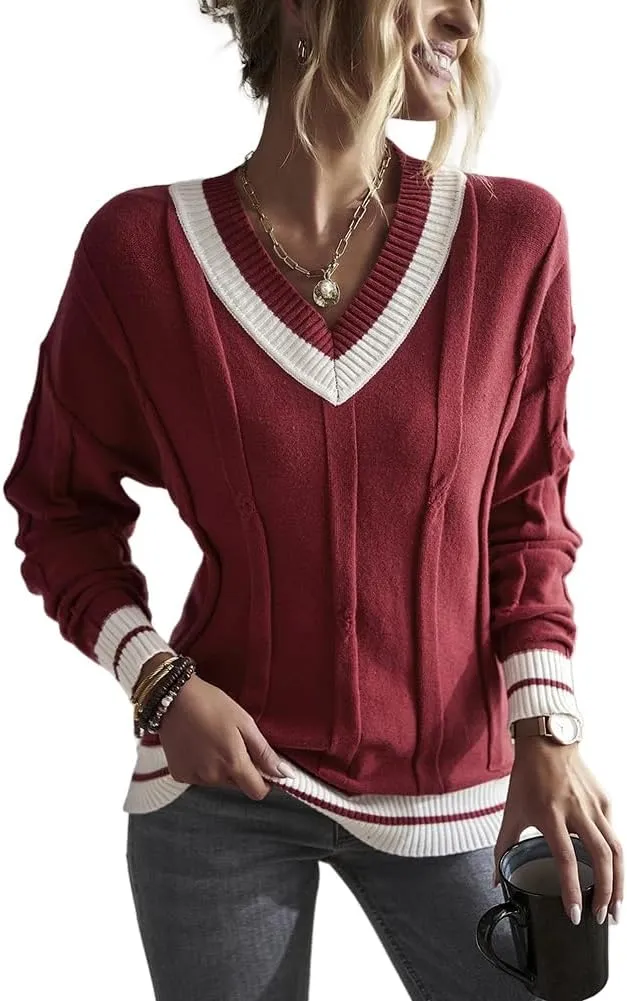 XYGJZ Women's Cable Knit V Neck Sweater Color Block Knit Pullover Striped Preppy Sweater