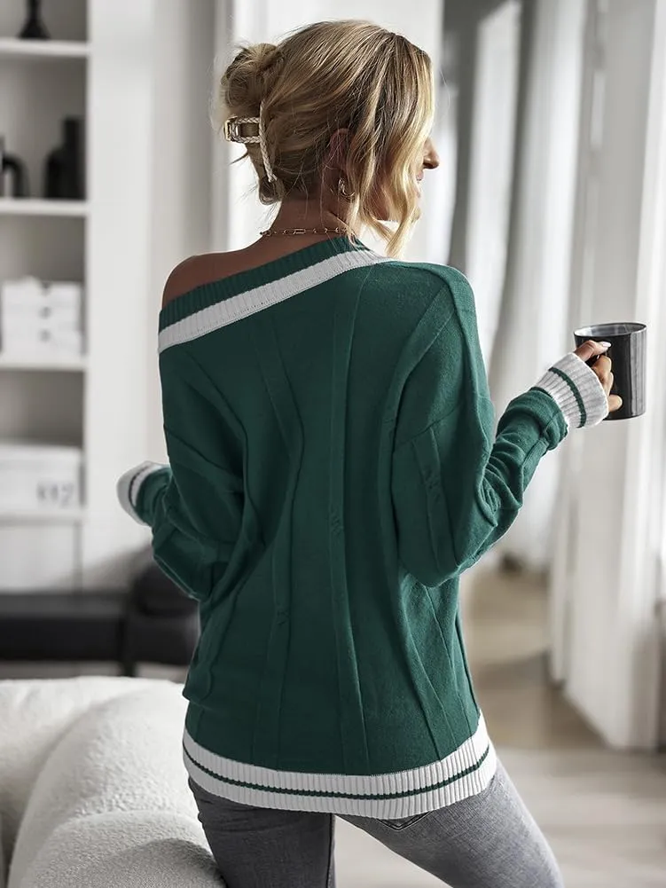 XYGJZ Women's Cable Knit V Neck Sweater Color Block Knit Pullover Striped Preppy Sweater