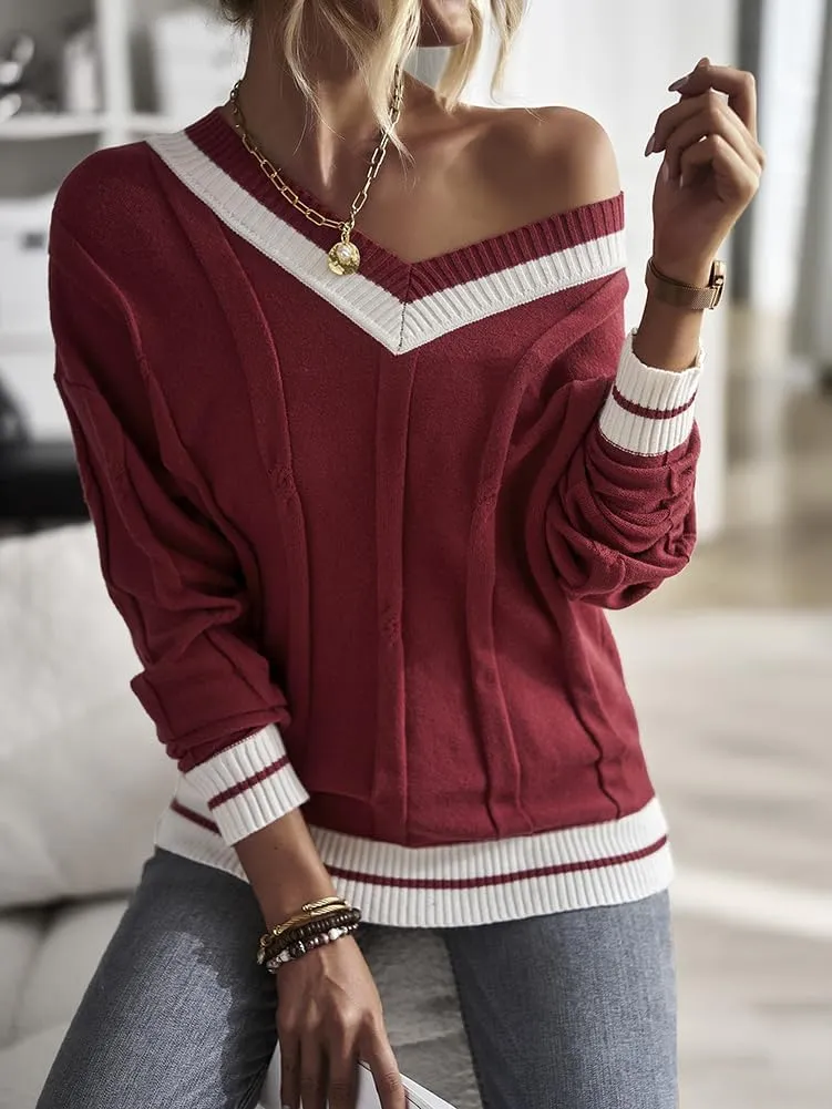 XYGJZ Women's Cable Knit V Neck Sweater Color Block Knit Pullover Striped Preppy Sweater