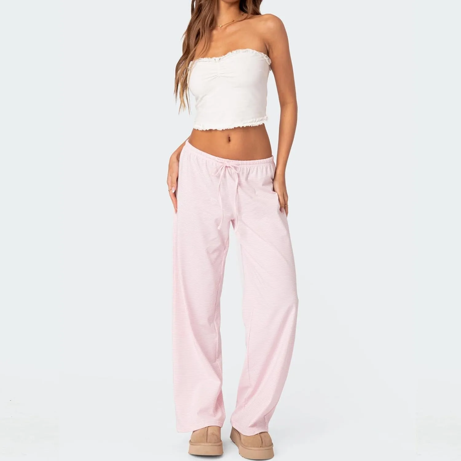 Y2k Striped Pants for Women Wide Leg Drawstring Elastic Low Rise Pajama Pants Lounge Wear Trousers