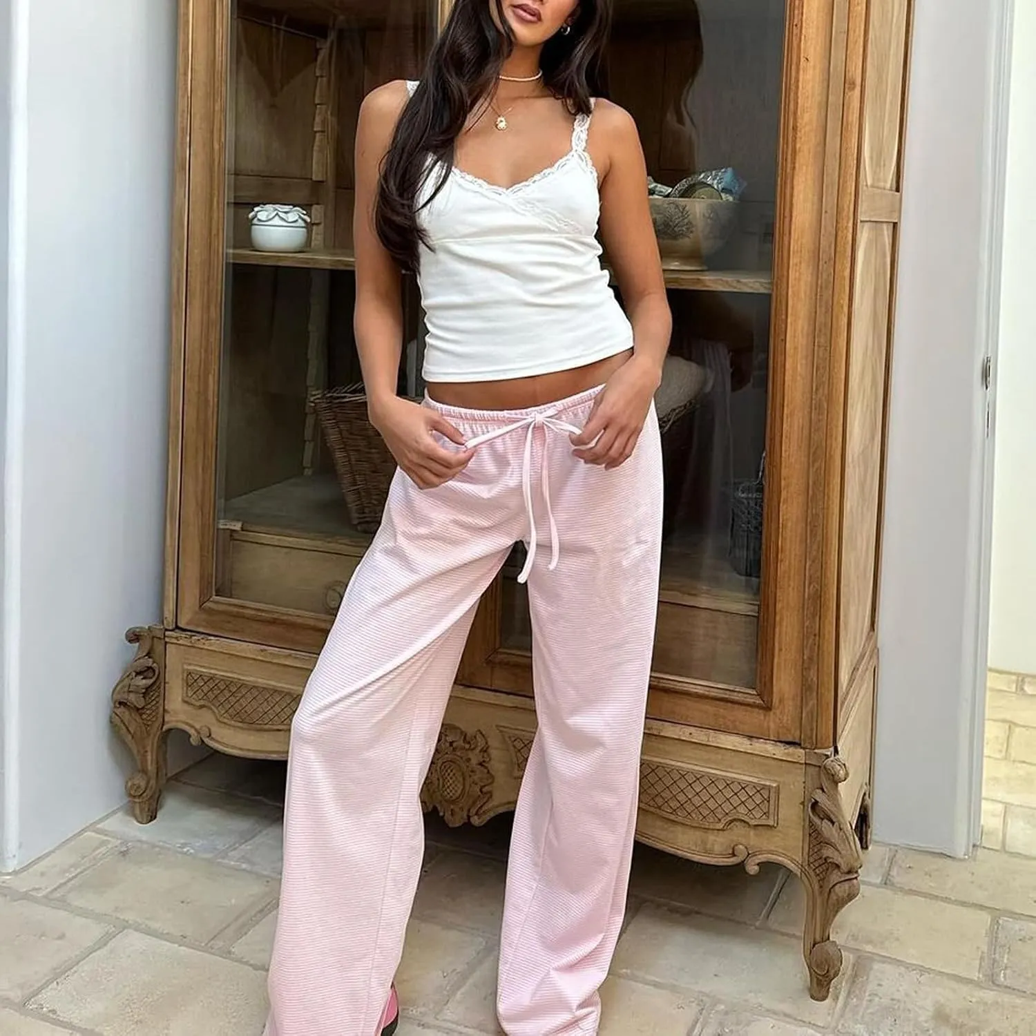 Y2k Striped Pants for Women Wide Leg Drawstring Elastic Low Rise Pajama Pants Lounge Wear Trousers