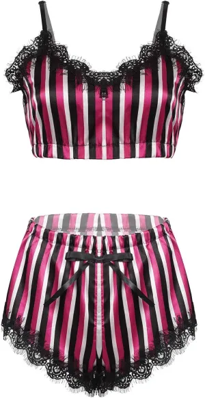 Yartina Womens Two Piece Lingerie Set Sleepwear Lace Bralette Cami Tops with Stripes Shorts Pajamas Nightwear