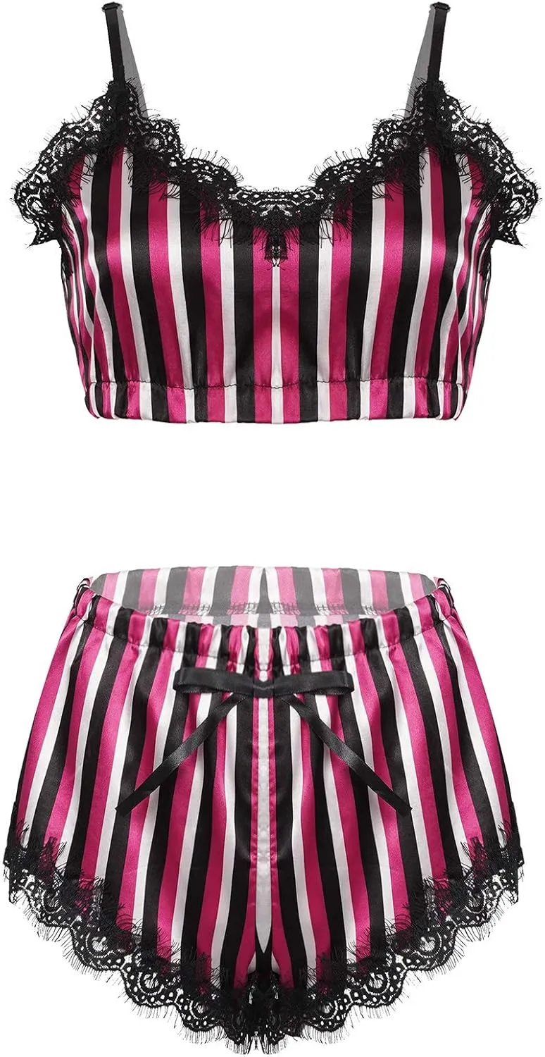 Yartina Womens Two Piece Lingerie Set Sleepwear Lace Bralette Cami Tops with Stripes Shorts Pajamas Nightwear
