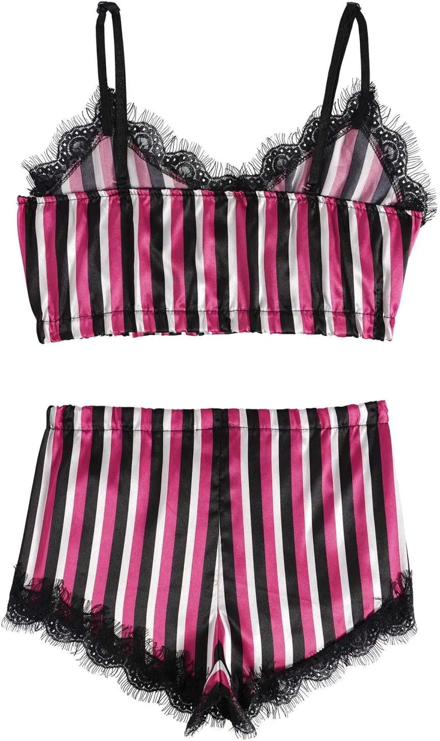 Yartina Womens Two Piece Lingerie Set Sleepwear Lace Bralette Cami Tops with Stripes Shorts Pajamas Nightwear