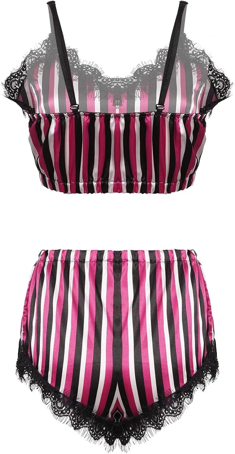 Yartina Womens Two Piece Lingerie Set Sleepwear Lace Bralette Cami Tops with Stripes Shorts Pajamas Nightwear