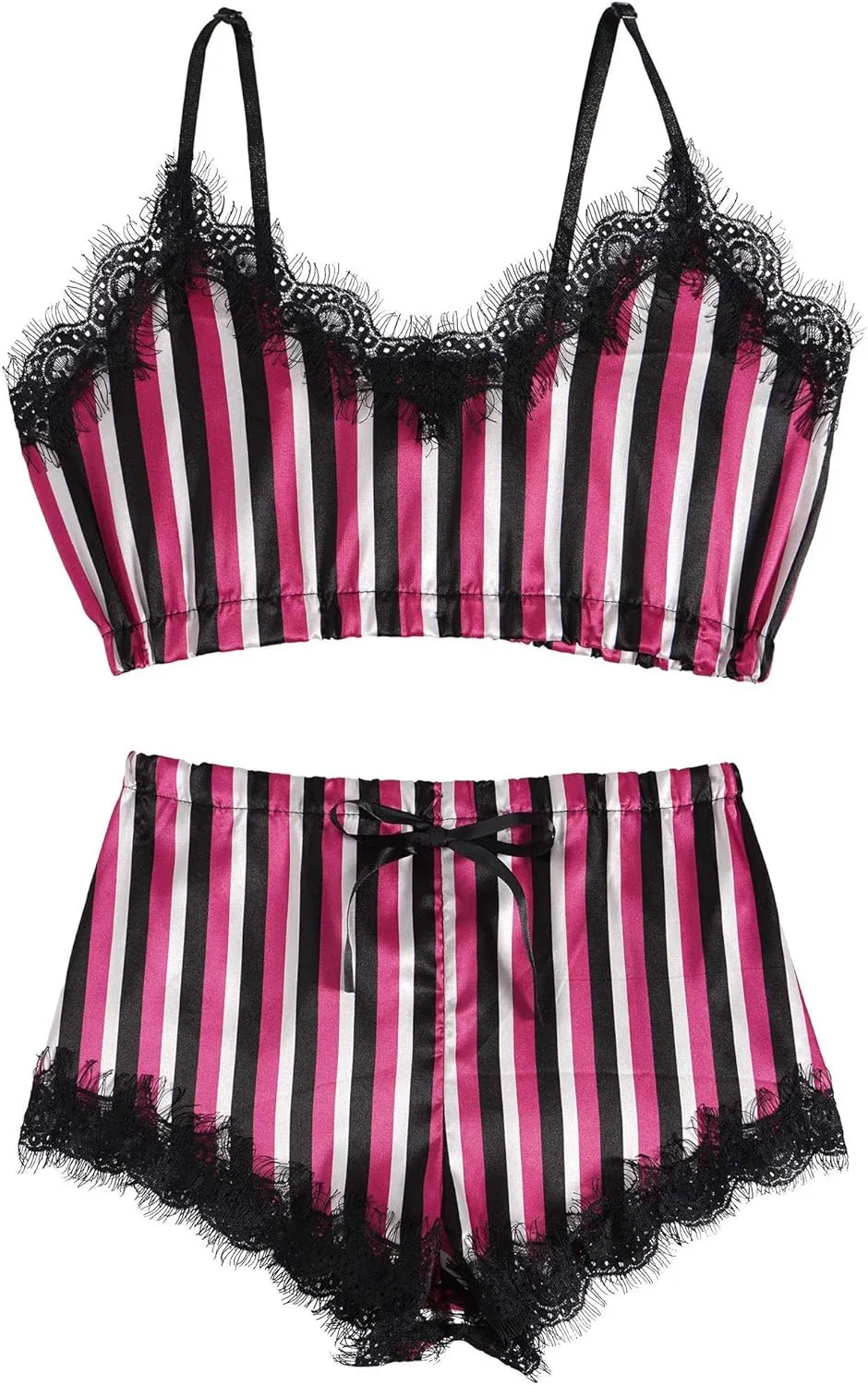 Yartina Womens Two Piece Lingerie Set Sleepwear Lace Bralette Cami Tops with Stripes Shorts Pajamas Nightwear