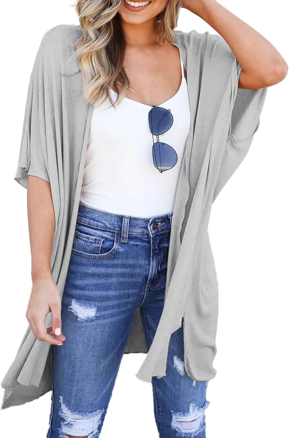 Yekaty Women Cardigan 3/4 Sleeves Open Front Lightweight Cardigan Draped Ruffles Knit Cardigan