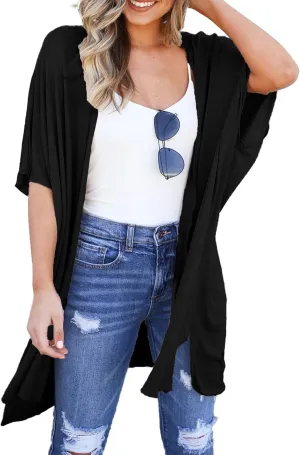 Yekaty Women Cardigan 3/4 Sleeves Open Front Lightweight Cardigan Draped Ruffles Knit Cardigan