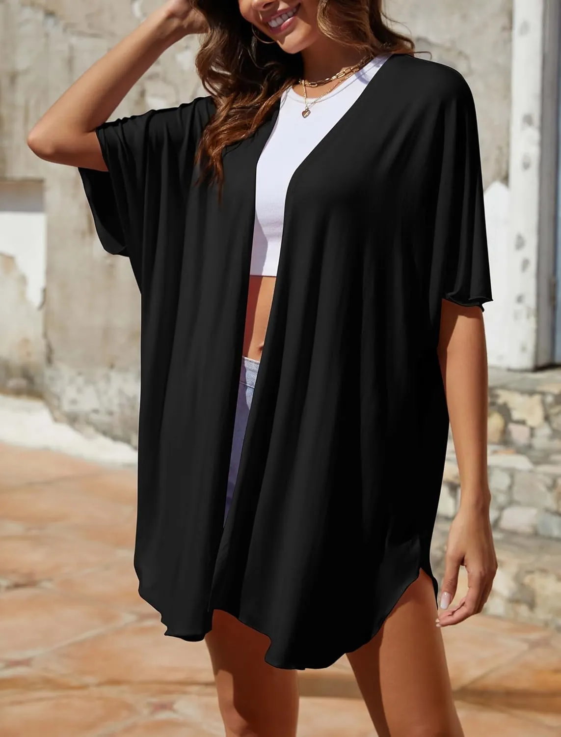Yekaty Women Cardigan 3/4 Sleeves Open Front Lightweight Cardigan Draped Ruffles Knit Cardigan