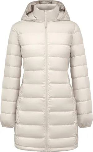 YZG Women's Warm Lightweight Long Down Jacket Warm Quilted Puffer Coat with Hood Removable
