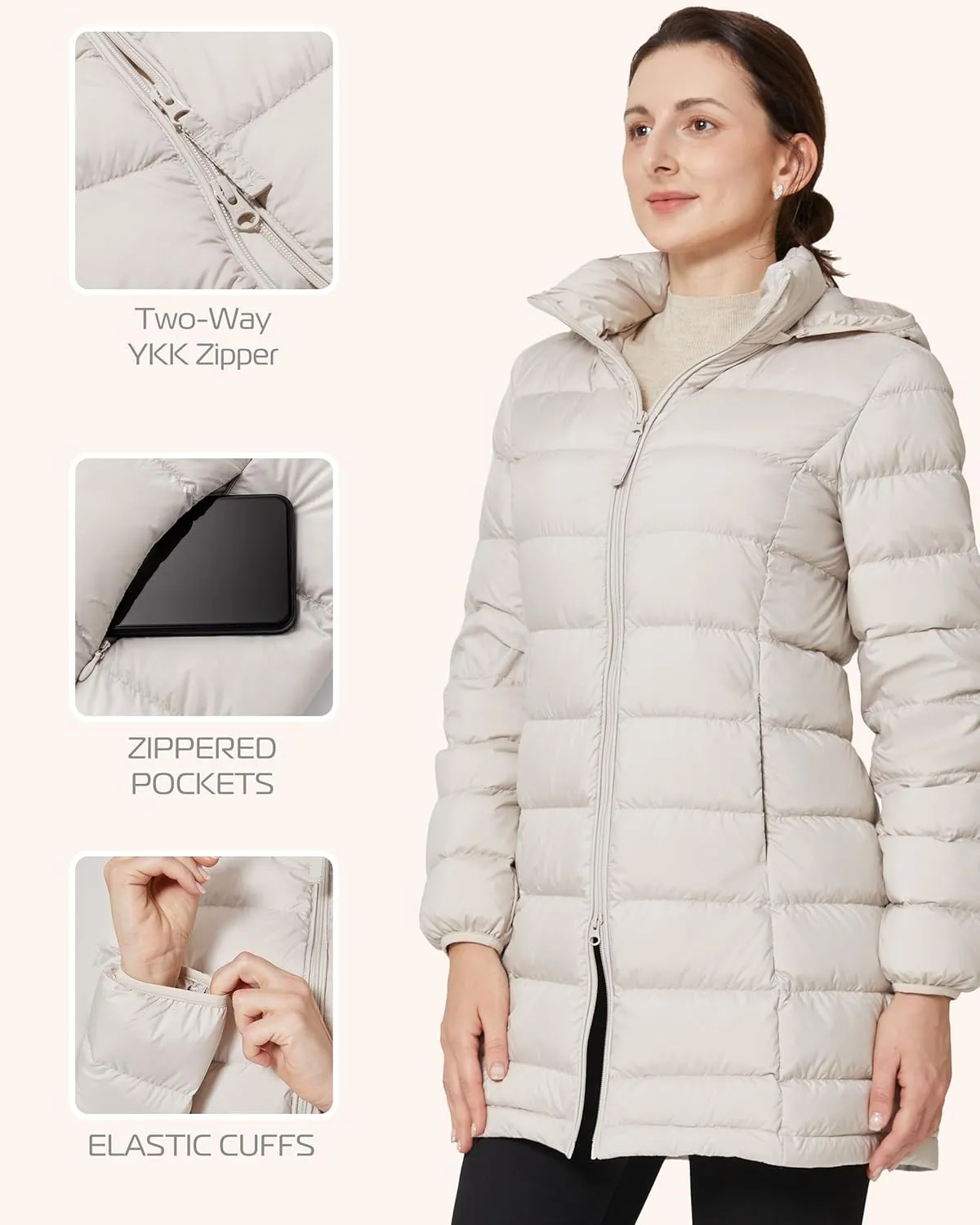 YZG Women's Warm Lightweight Long Down Jacket Warm Quilted Puffer Coat with Hood Removable