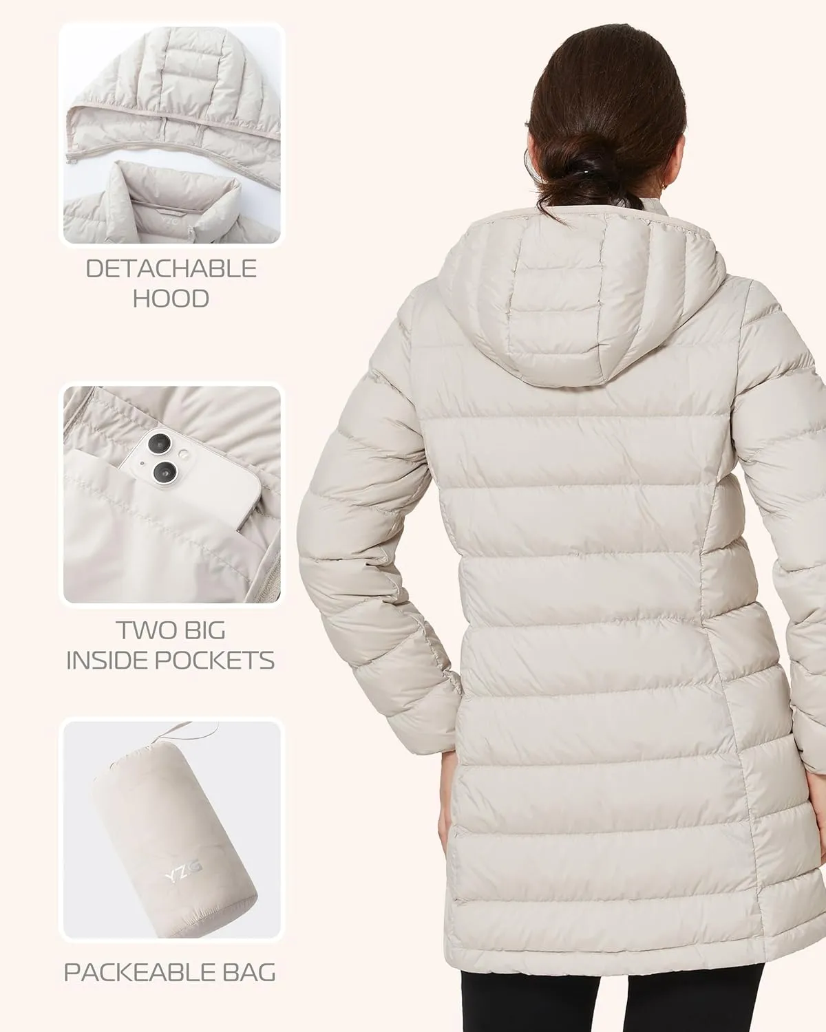 YZG Women's Warm Lightweight Long Down Jacket Warm Quilted Puffer Coat with Hood Removable