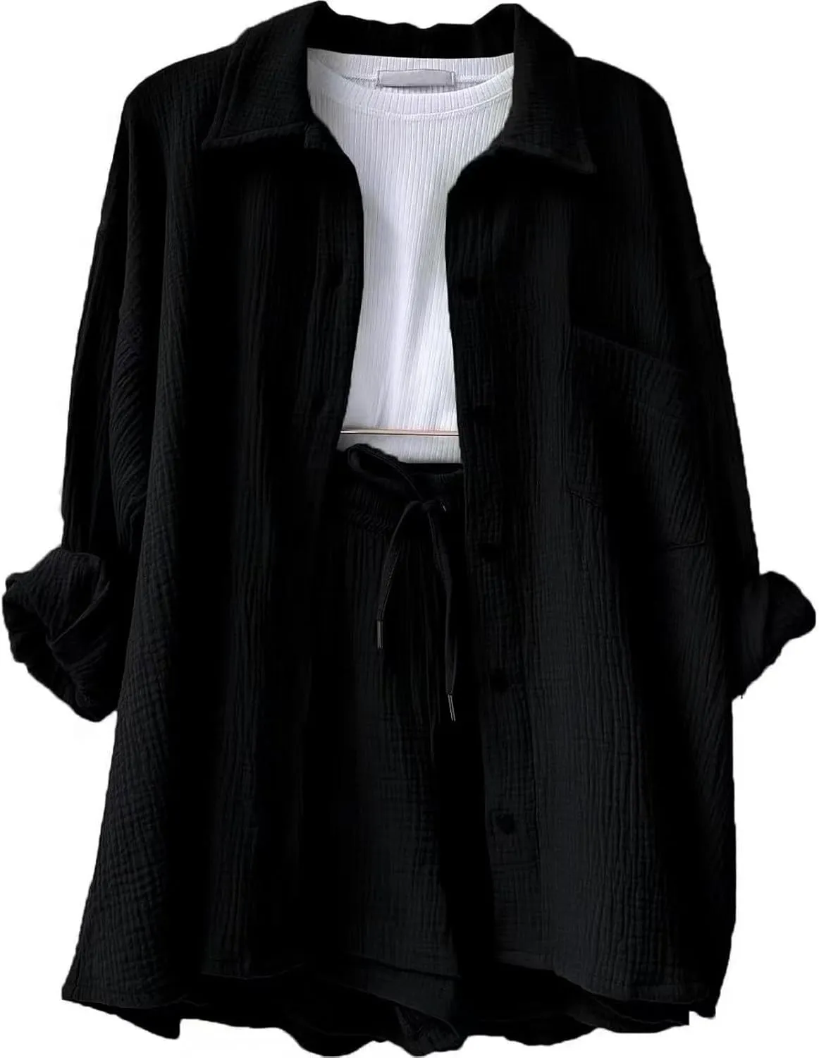 ZWRXW Linen 2 Piece Sets for Women Lightweight Spring Summer Two Piece Oversized Shirts and Shorts Matching Set Beach Outfits