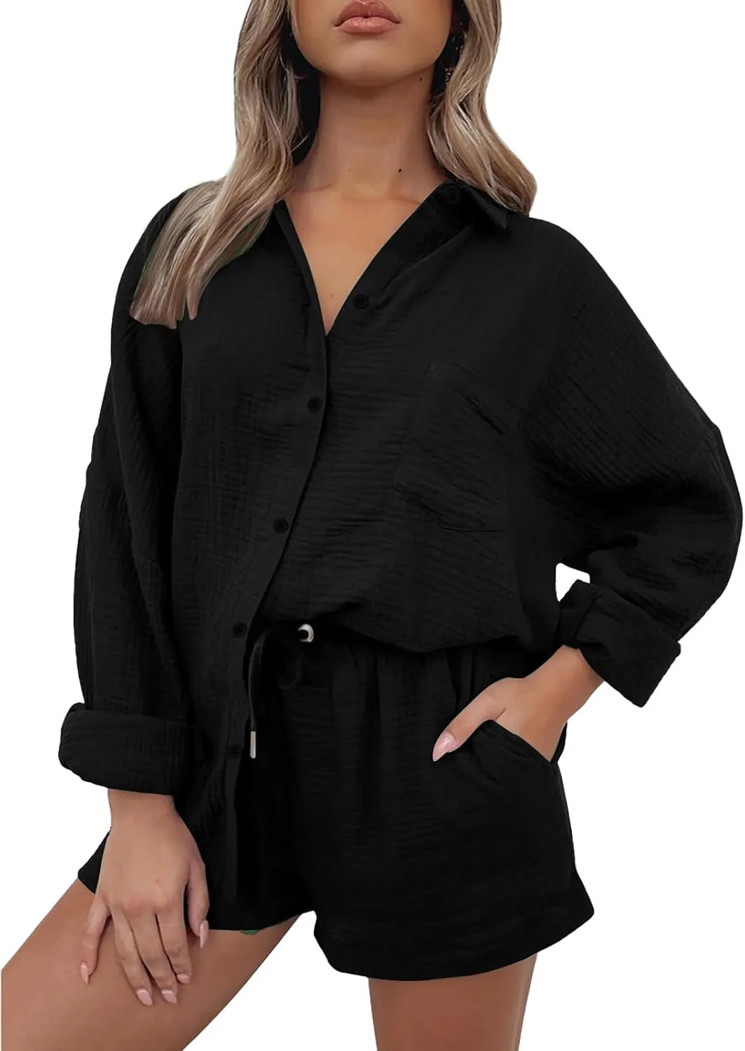 ZWRXW Linen 2 Piece Sets for Women Lightweight Spring Summer Two Piece Oversized Shirts and Shorts Matching Set Beach Outfits
