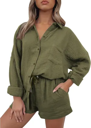 ZWRXW Linen 2 Piece Sets for Women Lightweight Spring Summer Two Piece Oversized Shirts and Shorts Matching Set Beach Outfits