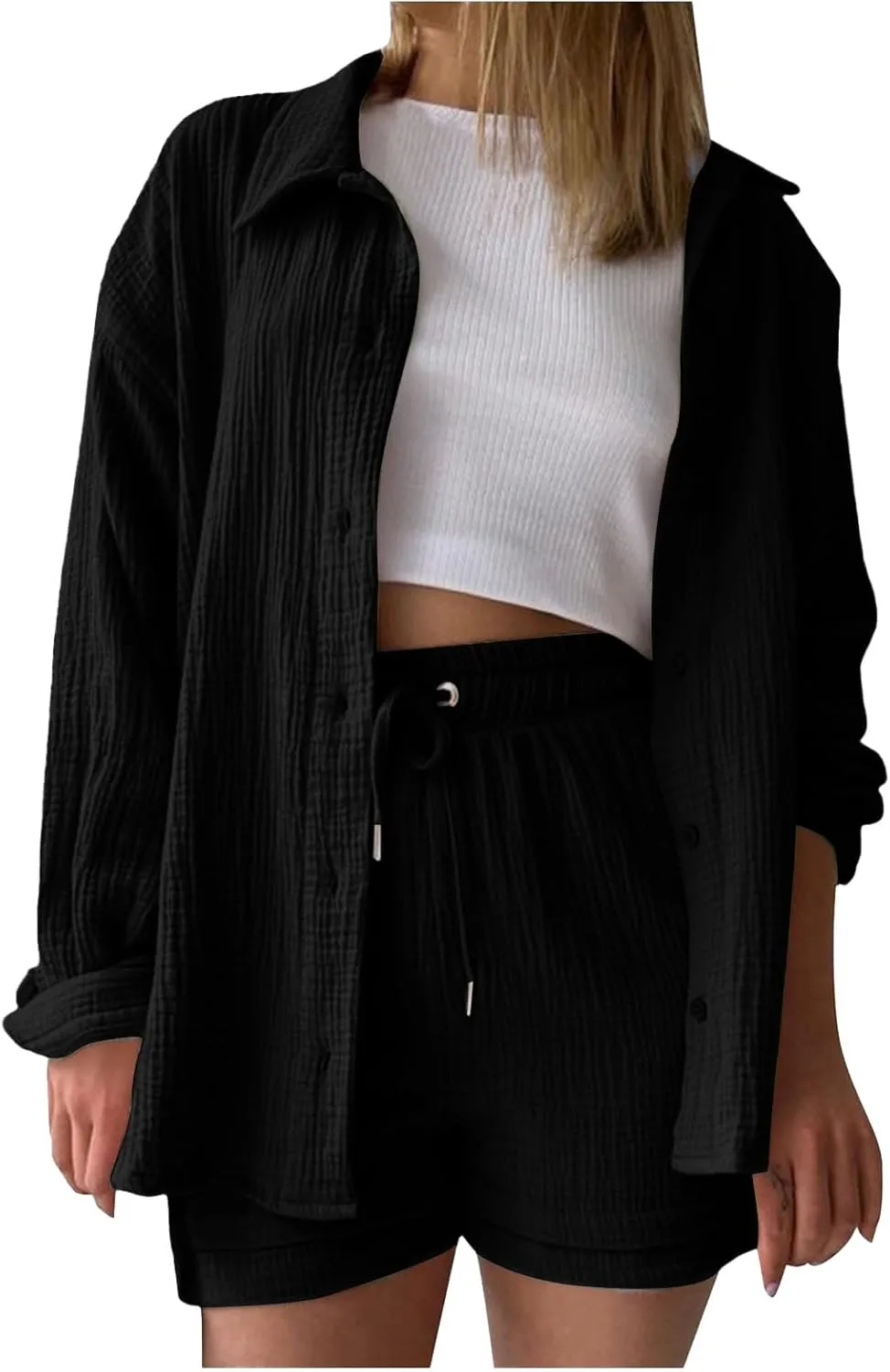 ZWRXW Linen 2 Piece Sets for Women Lightweight Spring Summer Two Piece Oversized Shirts and Shorts Matching Set Beach Outfits