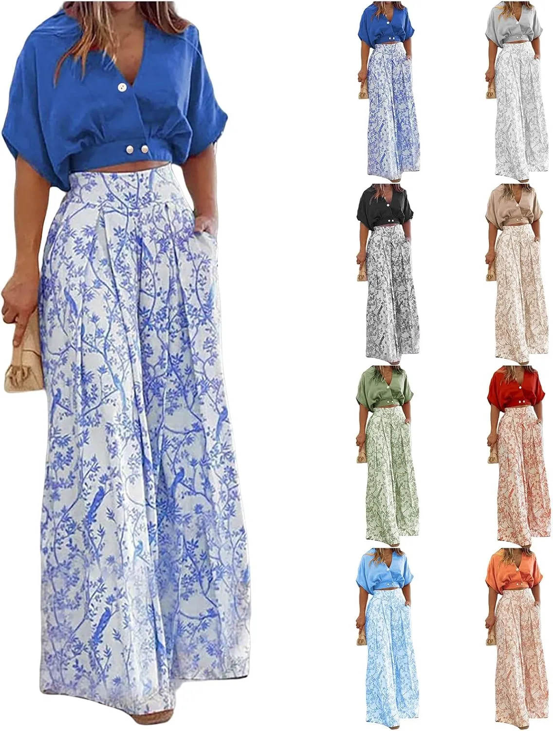 ZWRXW Summer 2 Piece Sets for Women Boho Two Piece Set V Neck Tops Wide Leg Pants/Shorts Lounge Sets Dressy Business Suit