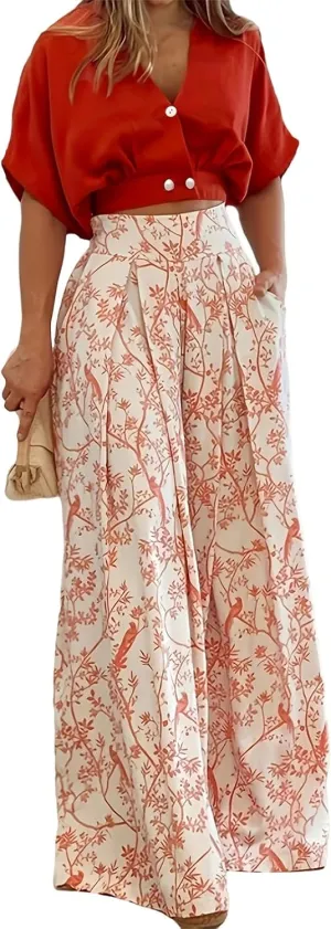 ZWRXW Summer 2 Piece Sets for Women Boho Two Piece Set V Neck Tops Wide Leg Pants/Shorts Lounge Sets Dressy Business Suit