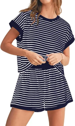 ZWRXW Two Piece Sets for Women Summer Comfort Stripe Knit Short Sleeve Tee Shirts Shorts Matching Set Loungewear Shorts Sets