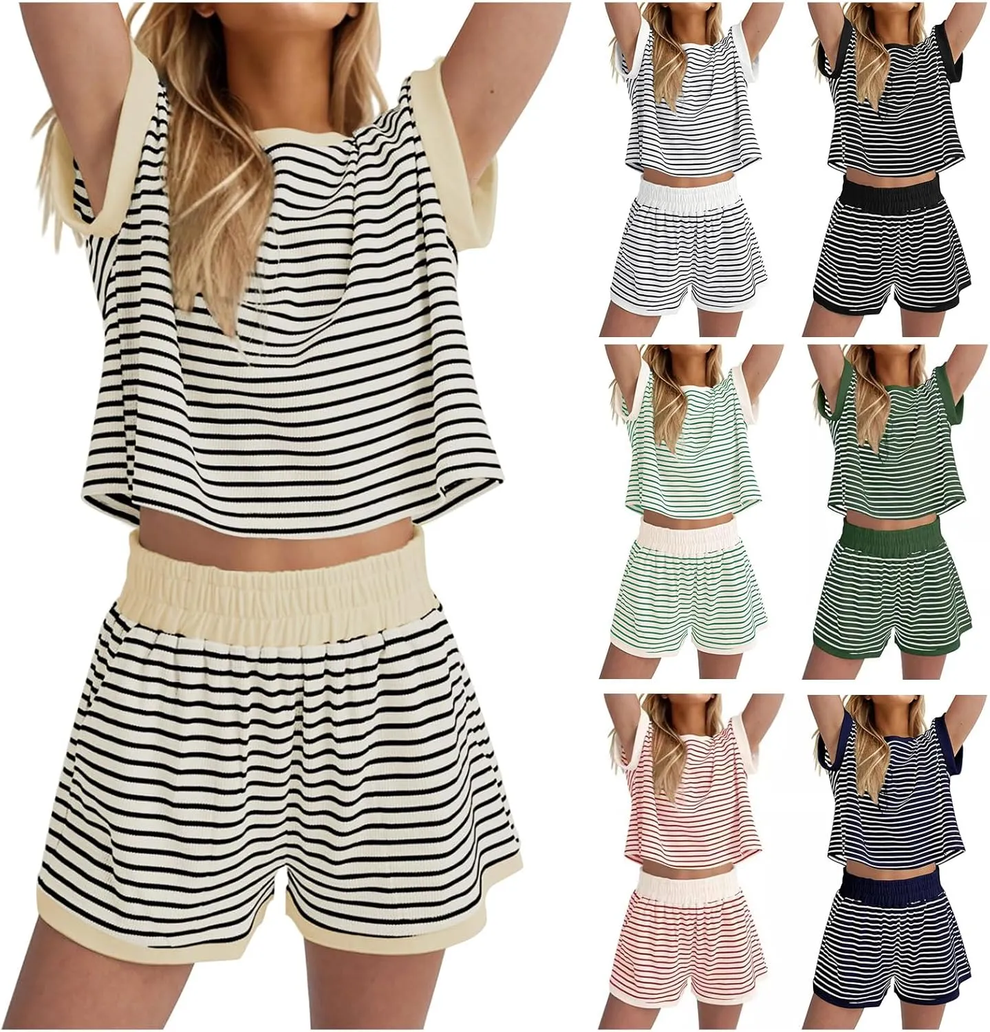 ZWRXW Two Piece Sets for Women Summer Comfort Stripe Knit Short Sleeve Tee Shirts Shorts Matching Set Loungewear Shorts Sets