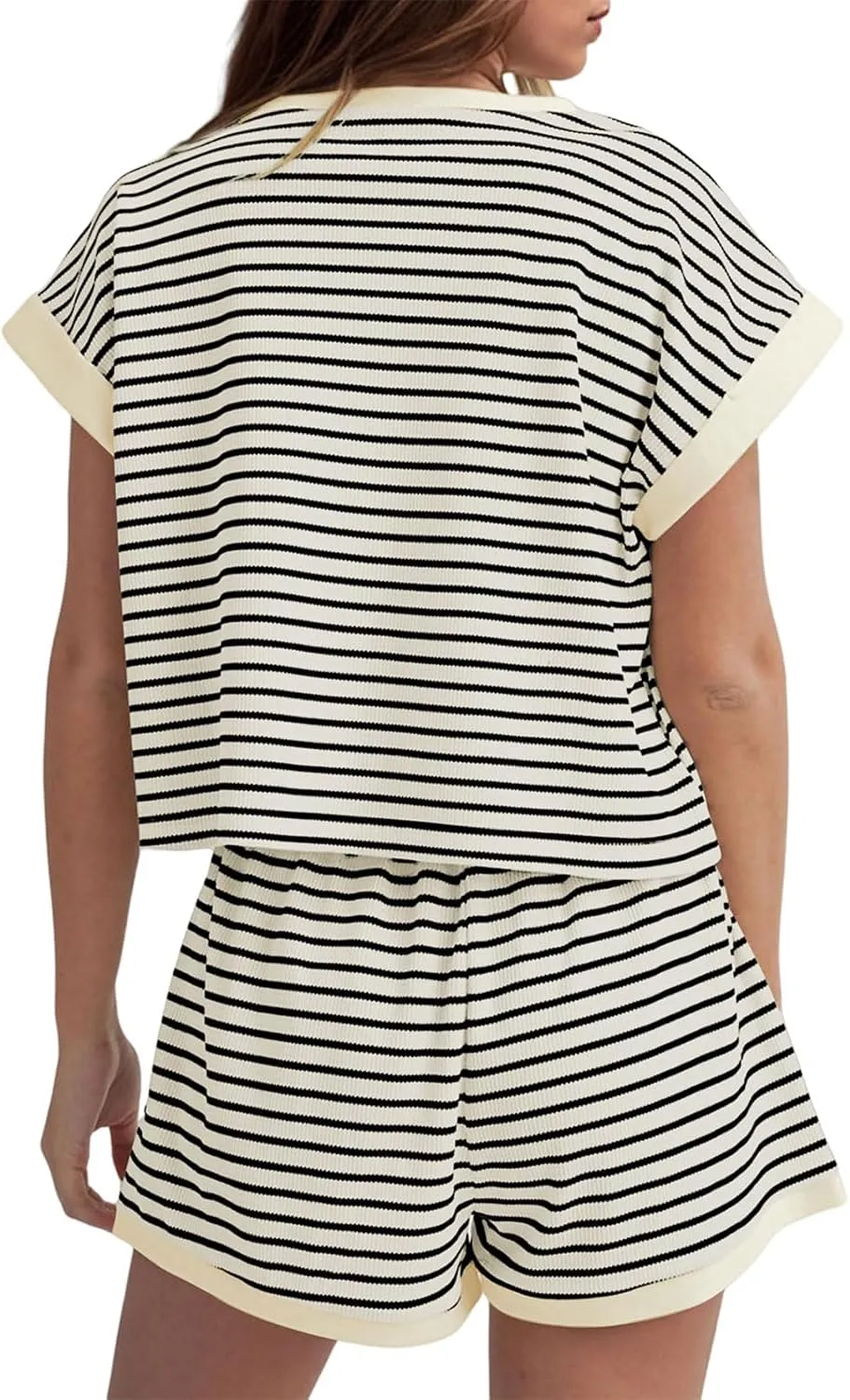 ZWRXW Two Piece Sets for Women Summer Comfort Stripe Knit Short Sleeve Tee Shirts Shorts Matching Set Loungewear Shorts Sets