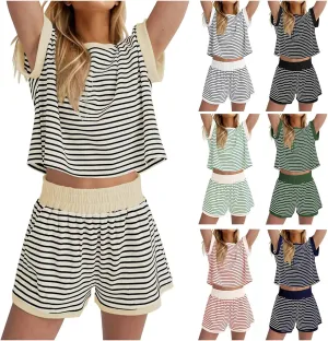 ZWRXW Two Piece Sets for Women Summer Comfort Stripe Knit Short Sleeve Tee Shirts Shorts Matching Set Loungewear Shorts Sets